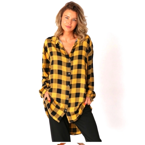 Love & Legend Tops - Yellow plaid long tunic button down.